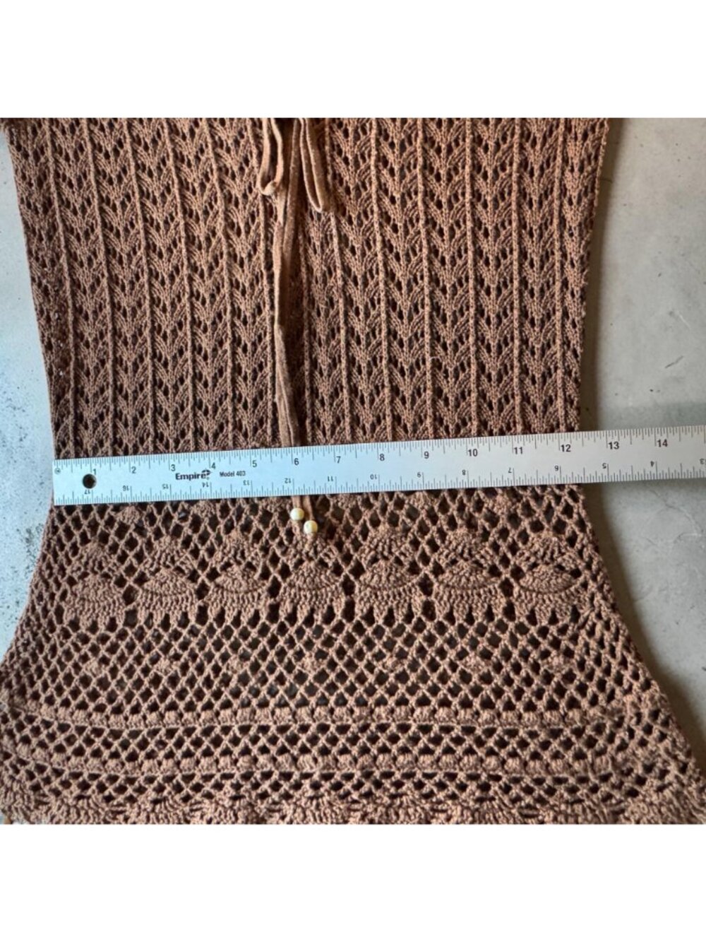 Crochet Brown Tunic Top Retro Boho with Cap Sleeves Tie Neck Detailed Bead Hem - Picture 7 of 13